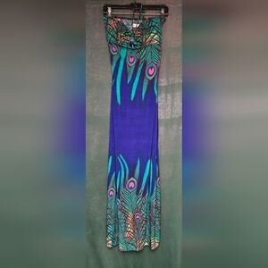 Blue Peacock-Print Strapless Maxi Dress